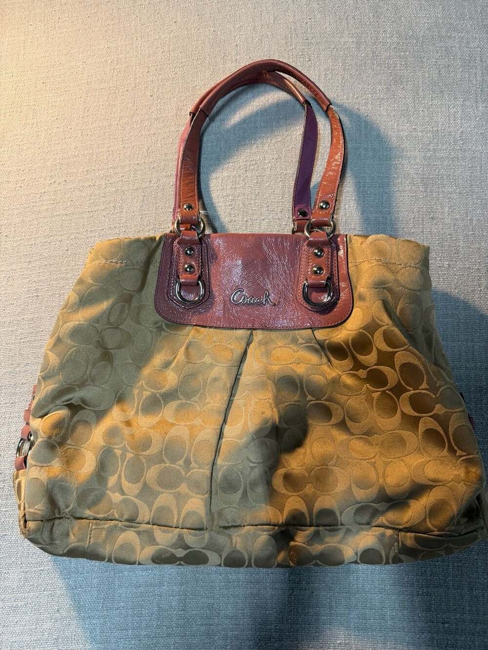 Coach Ashley Signature C Jacquard Satchel Shoulder Bag F15510 Khaki and Pink Pat